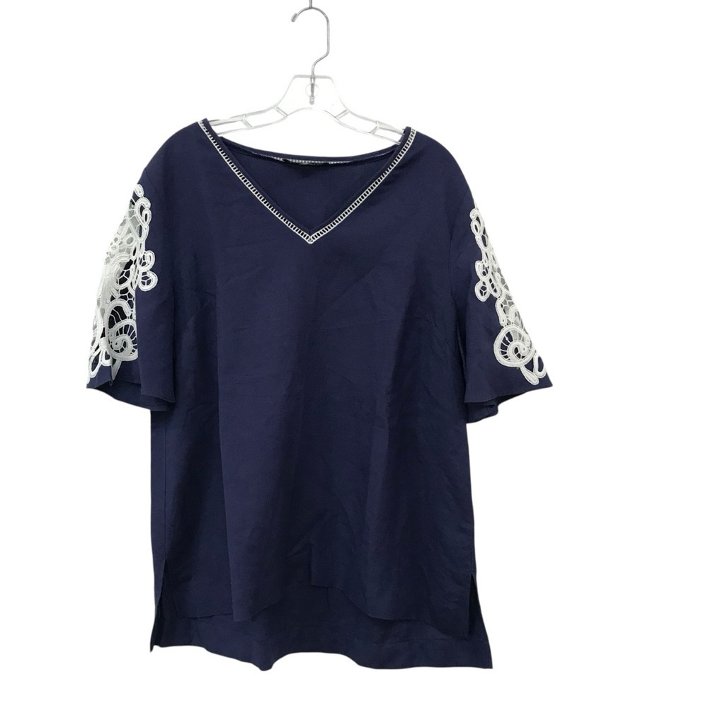 Context Top L Lord Taylor Tunic V Neck Linen Blend 3/4 Sleeve Blue White